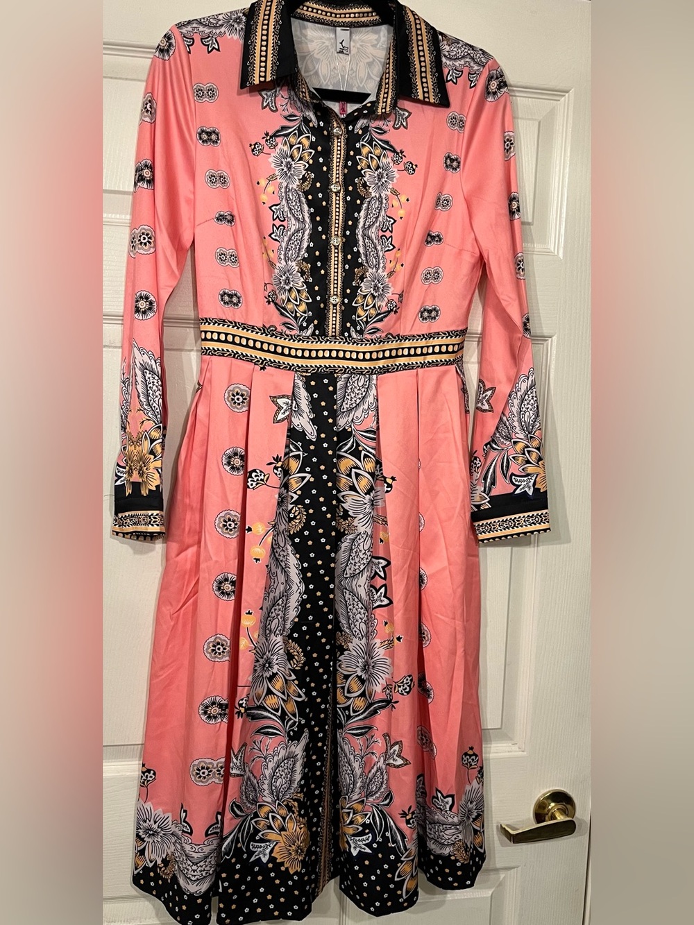 Coral Print Button-Front Midi Shirt Dress with Black Trim - Picture 4 of 4